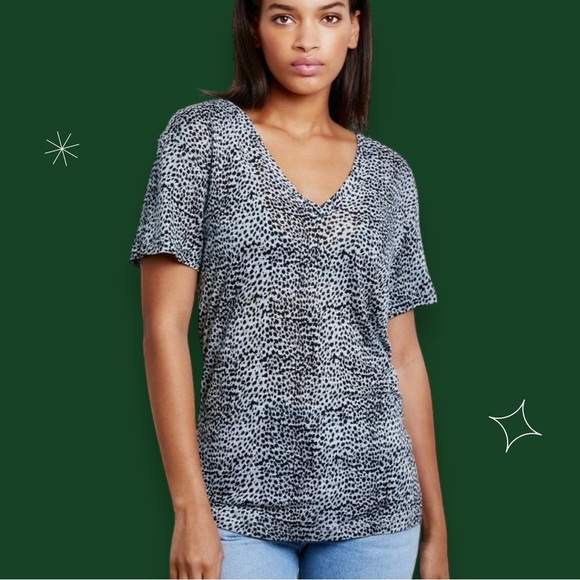 Rails ‘Cara’ Women's Black and White Leopard Print V-Neck Linen-Blend Top Size M - Picture 1 of 16